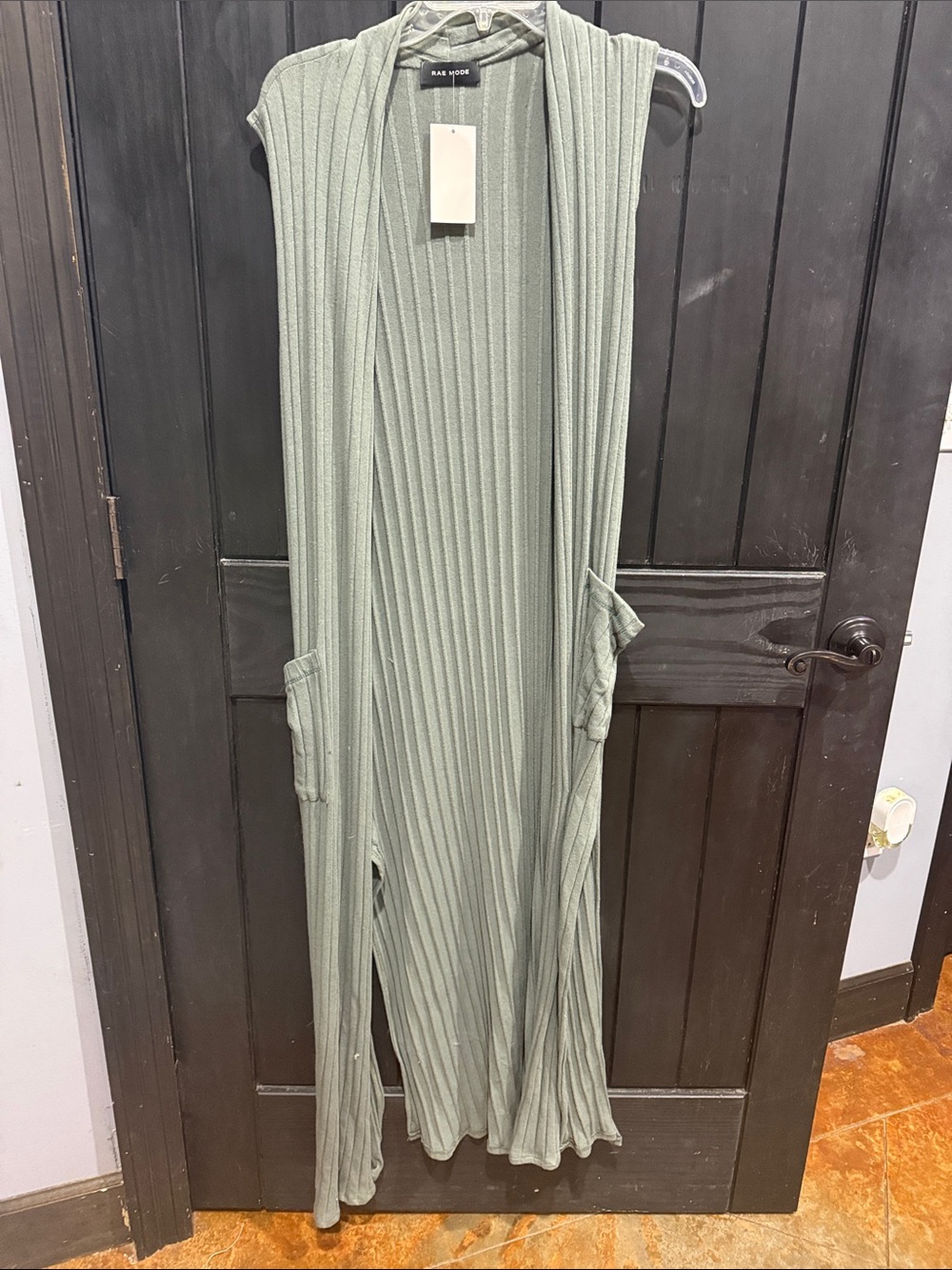 Ribbed Long Open Front Duster Vest in Sage Green